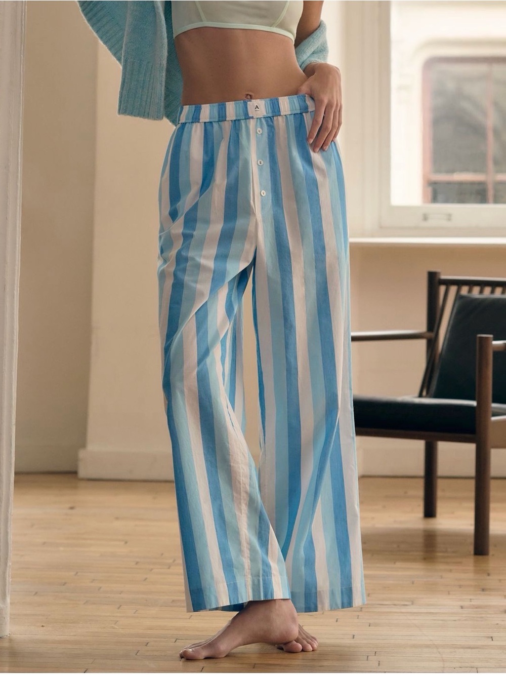 Anthropologie Blue and White Vertical-Stripe Straight-Leg Pants